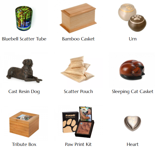 A grid of nine pet memorial items, including a colorful scatter tube, bamboo casket, paw-patterned urn, resin dog statue, scatter pouch, sleeping cat casket, tribute box, paw print kit, and heart-shaped keepsake, conveying a somber tone.
